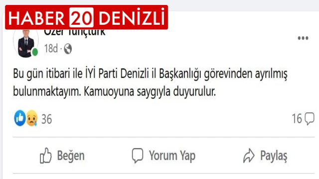 İYİ Parti İl Başkanı Özer Tunçtürk görevinden istifa etti