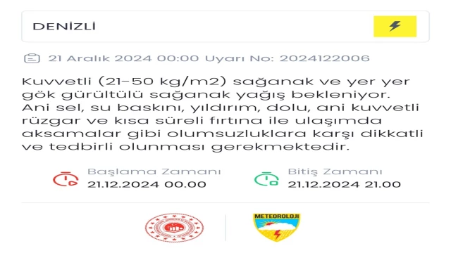 METEOROLOJİ DENİZLİ İÇİ SARI UYARI VERDİ