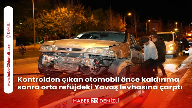 Kontrolden çıkan otomobil önce kaldırıma sonra orta refüjdeki Yavaş levhasına çarptı