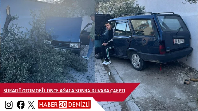 Süratli otomobil önce ağaca sonra duvara çarptı