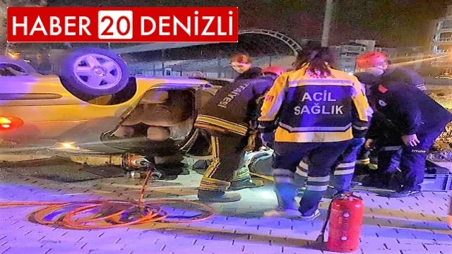 Takla atıp ters duran otomobilde sıkışan sürücü yaralı kurtarıldı