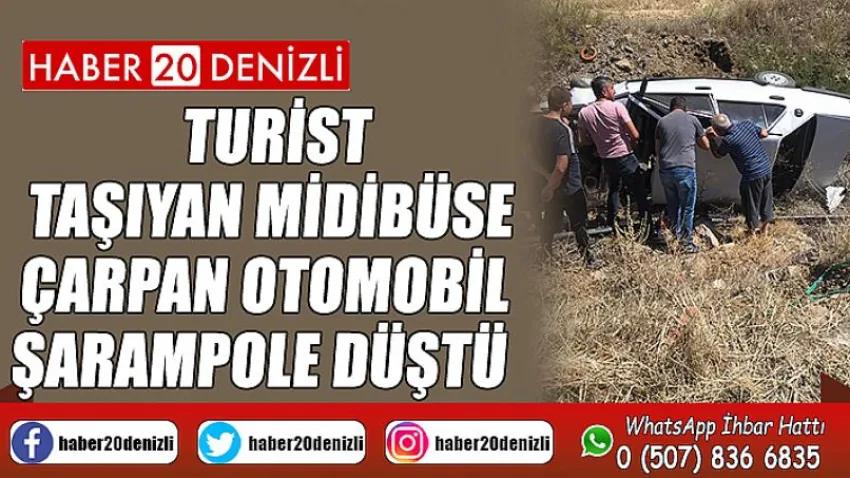 Turist taşıyan midibüse çarpan otomobil şarampole düştü