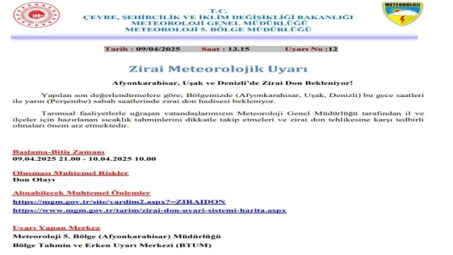 Denizli’de bu gece zirai don bekleniyor