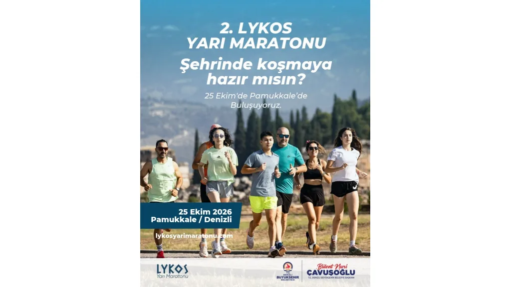 Tarihi alanda koşan sporcuların olduğu 2. Lykos Yarı Maratonu afişi.