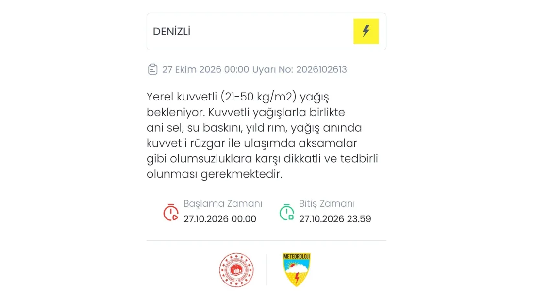 Denizli için kuvvetli yağış uyarısı