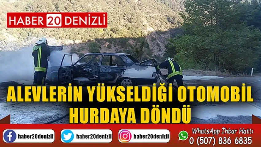 Alevlerin yükseldiği otomobil hurdaya döndü