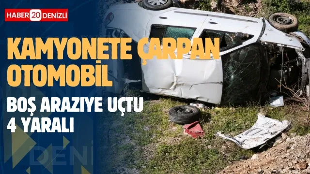 Emniyet şeridindeki kamyonete çarpan otomobil boş araziye uçtu: 4 yaralı
