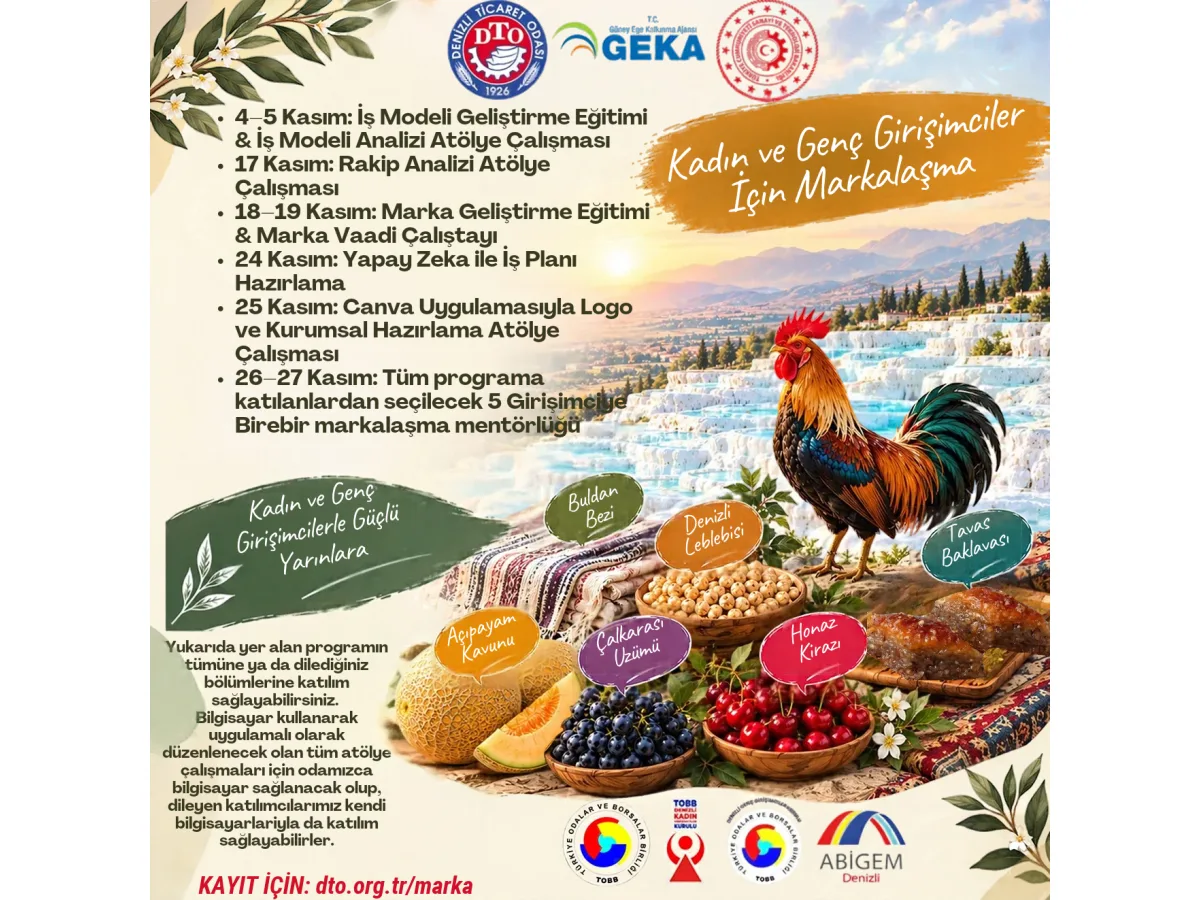 Denizli yerel ürünleri ve horoz görseli ile kadın ve genç girişimcilere yönelik eğitim programı duyuru afişi.