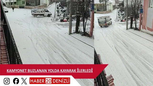 Kamyonet buzlanan yolda kayarak ilerledi