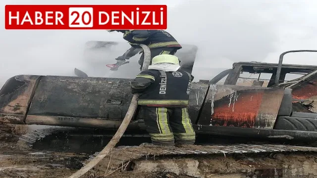 Alev alan iş makinesi kullanılamaz hale geldi