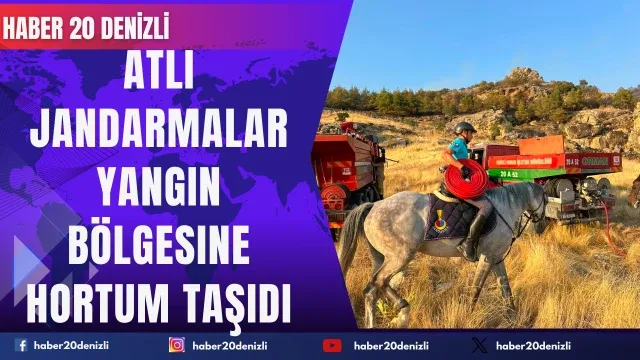 Atlı jandarmalar yangın bölgesine hortum taşıdı