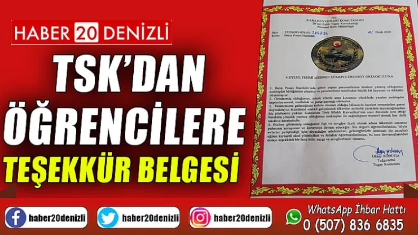 TSK’dan öğrencilere teşekkür belgesi