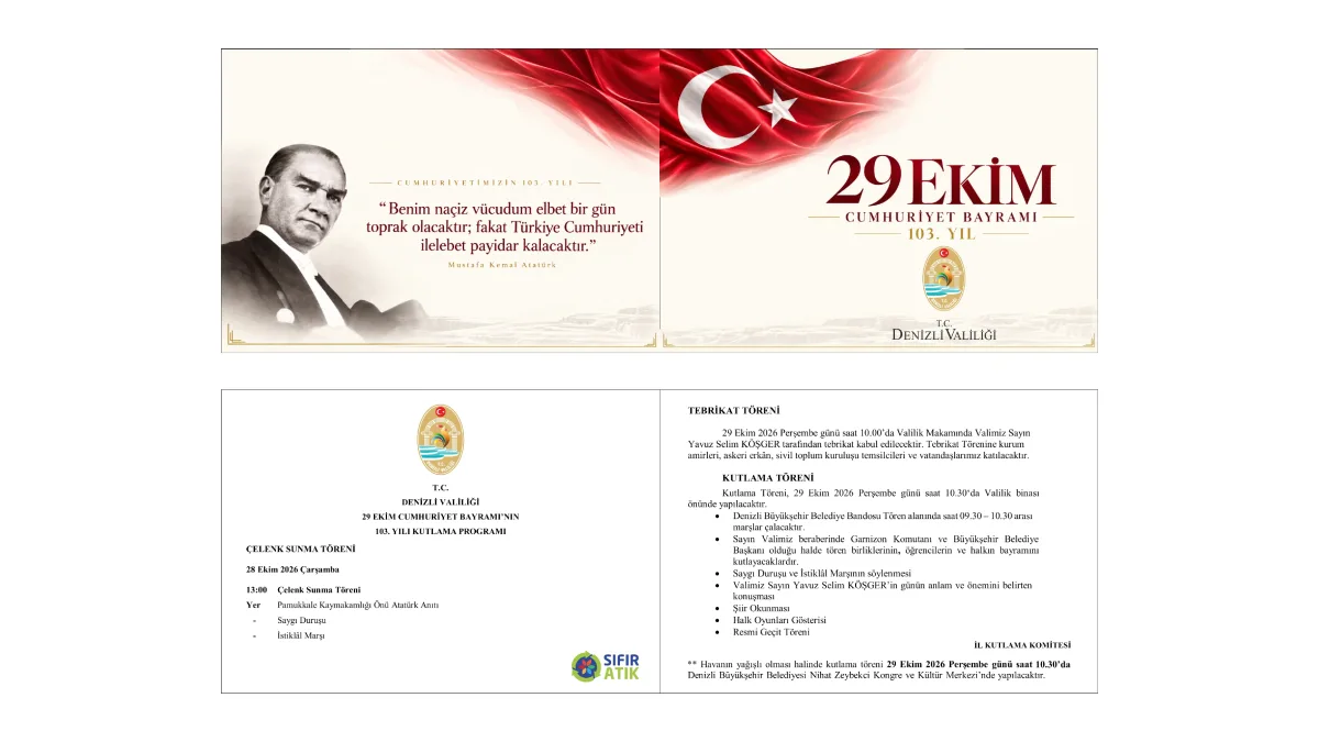 Atatürk portresi, Türk bayrağı ve Denizli Valiliği logosunun yer aldığı 29 Ekim program afişi.