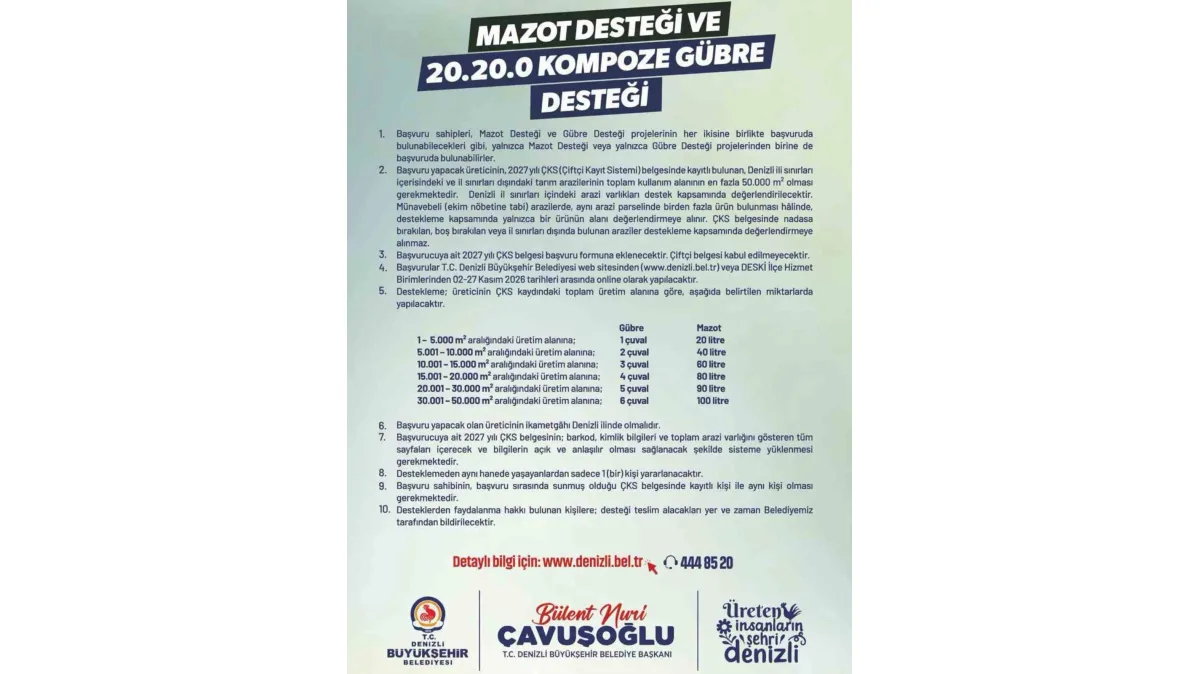 Denizli Büyükşehir Belediyesinden çiftçilere mazot ve gübre desteği
