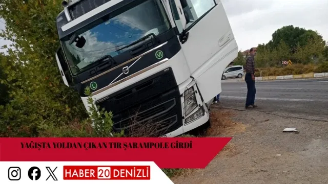 Yağışta yoldan çıkan tır şarampole girdi