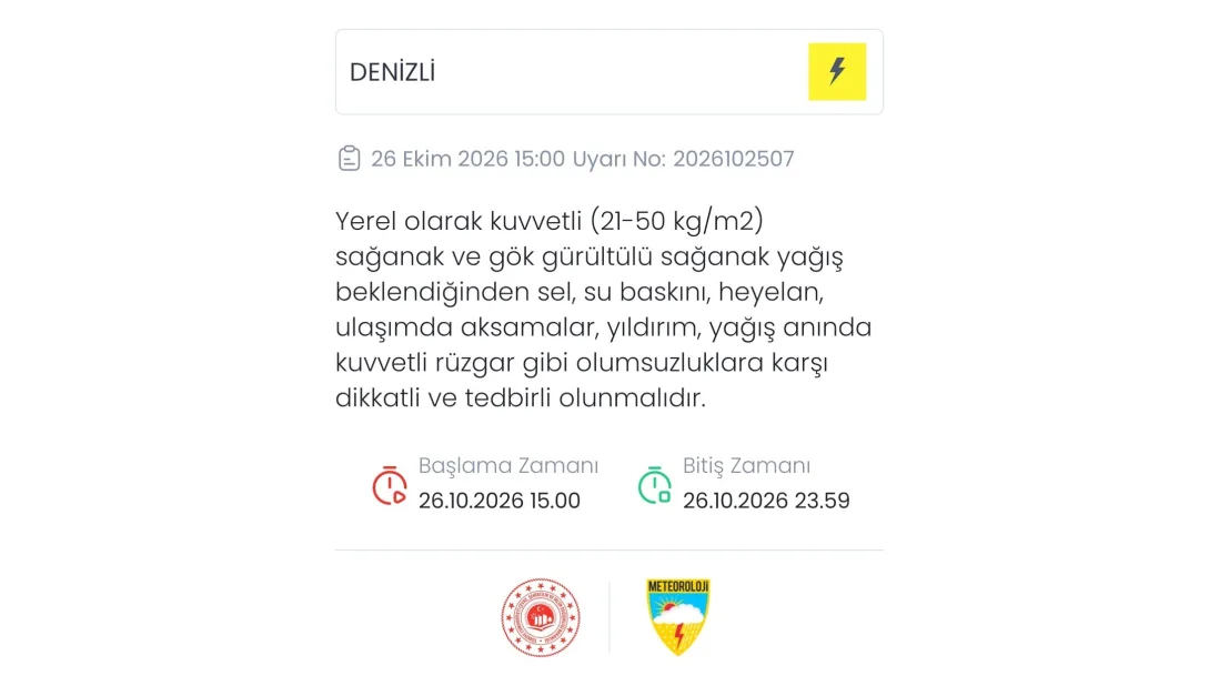 Denizli için kuvvetli ve gök gürültülü sağanak yağış uyarısı verildi